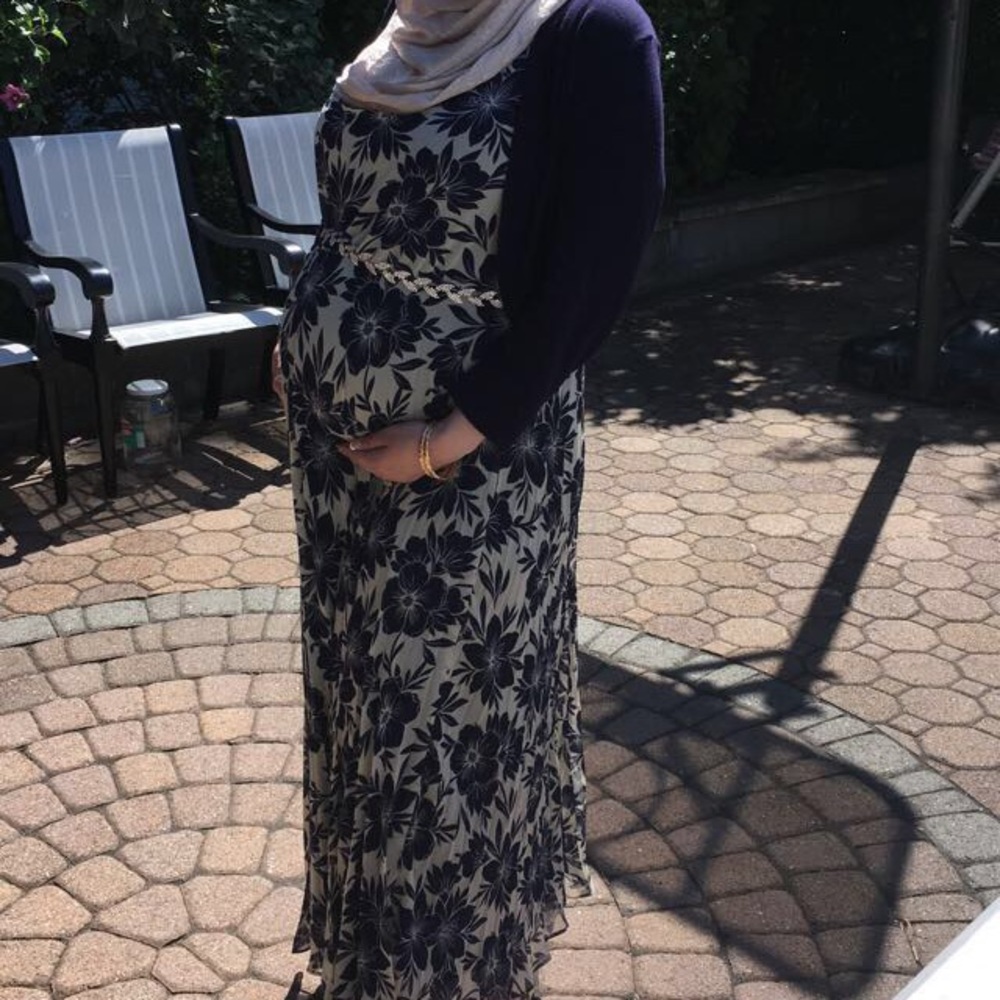 Blue and gold maternity dress